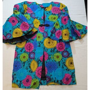 Unbranded African Print Duster Robe Bell Sleeve Frog Closure Statement Coat